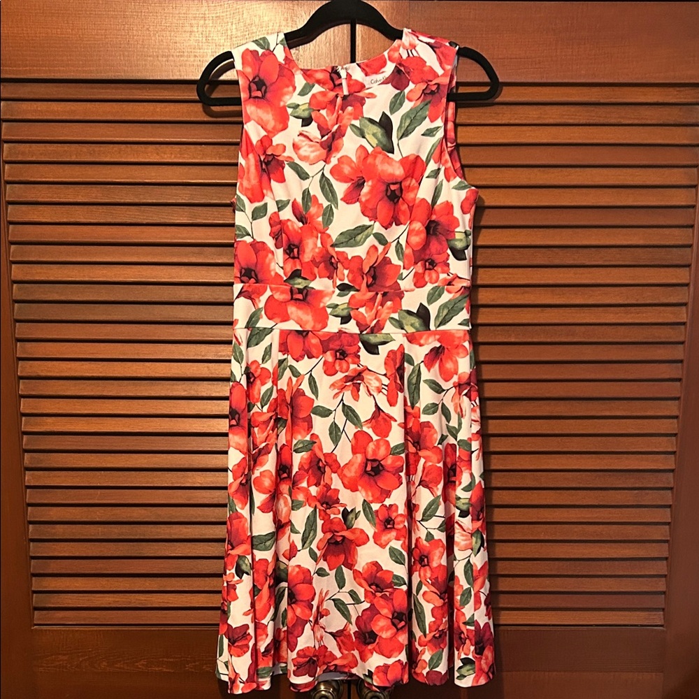 Calvin Klein White Red Floral Sleeveless Midi Dress 10